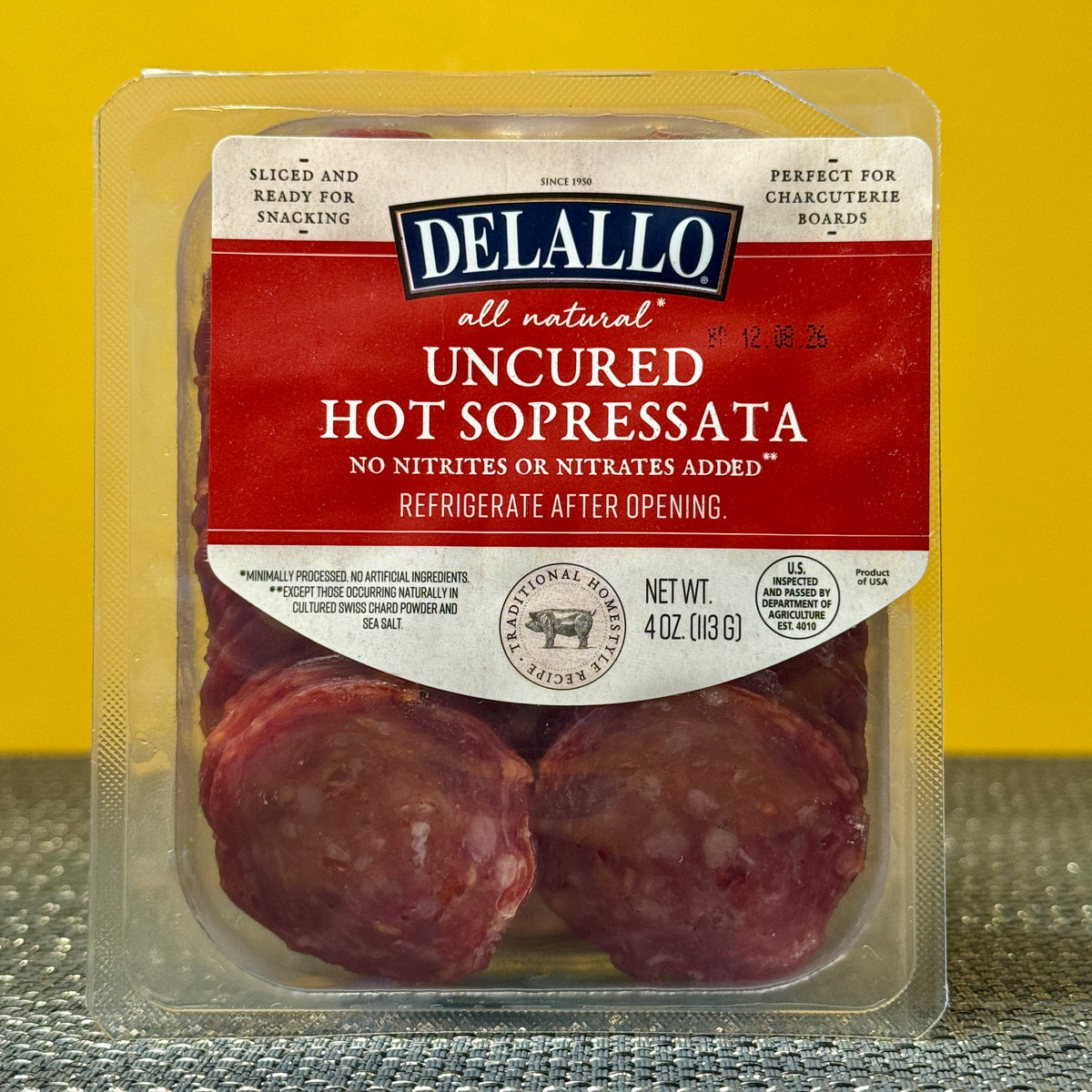 Charcuterie - Delallo Hot Sopressata Sliced, 4 oz