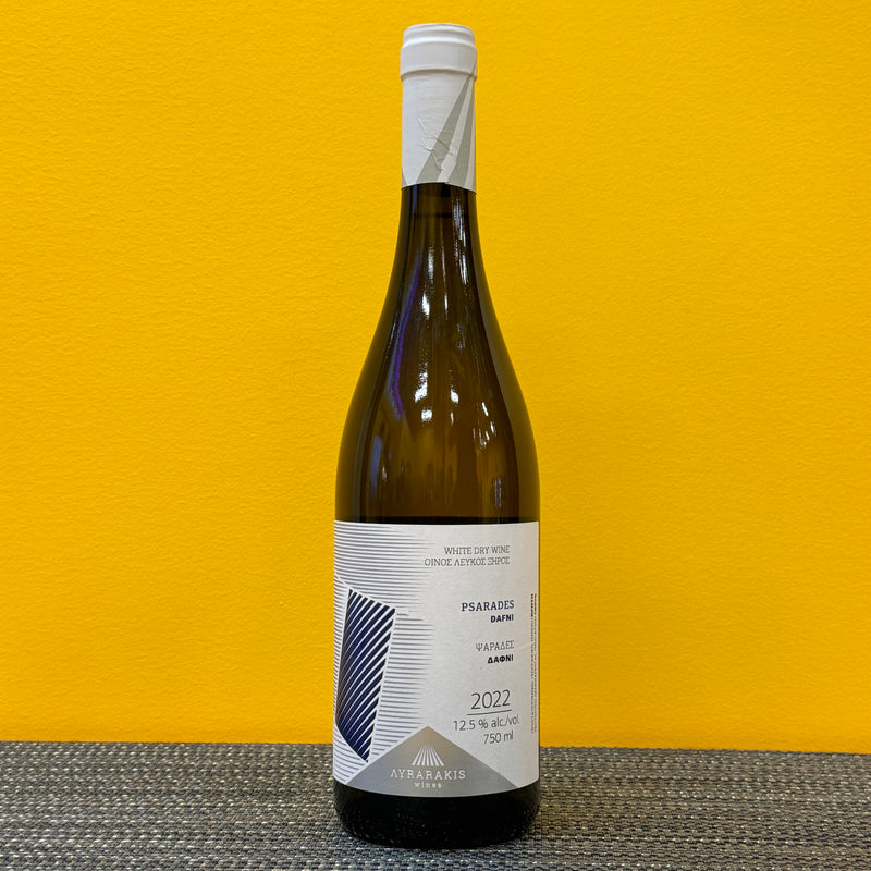 A bottle of Lyrarakis Dafni white wine