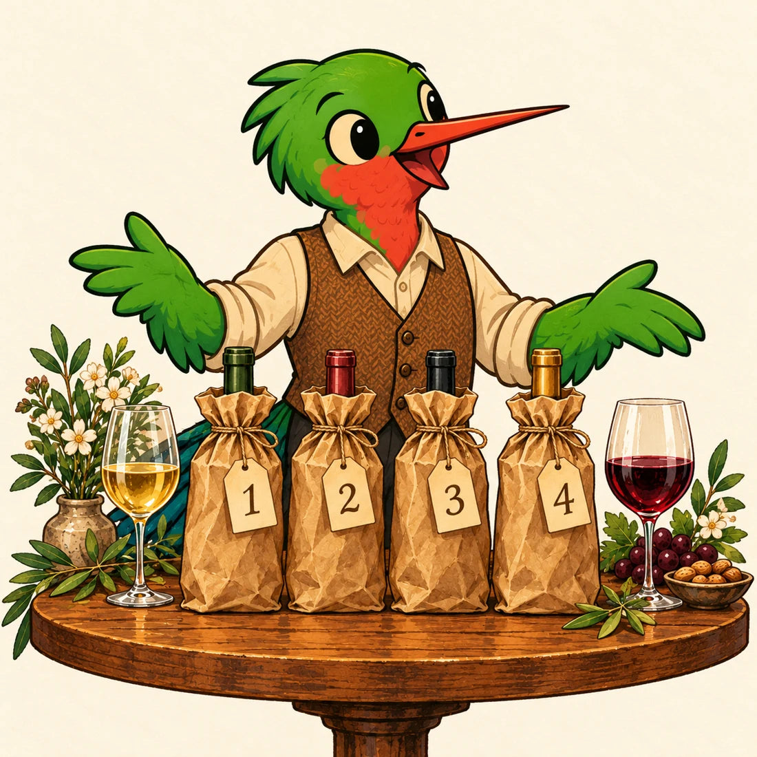 A welcoming green hummingbird host presents four mystery wines in brown paper bags numbered one through four.